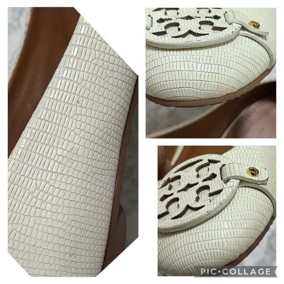Tory Burch Mini Miller Flats Logo Medallion 9M Cream Embossed Reptile Leather - Picture 11 of 11